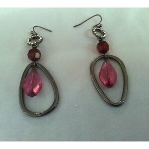 Vintage Pink Beaded Dangle Earrings With Metal Oval Frame